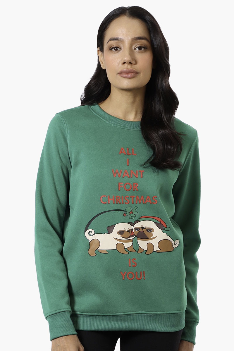 Ugly Christmas Sweater Pug Print Christmas Sweater - Green - Womens Christmas Sweaters - Fairweather