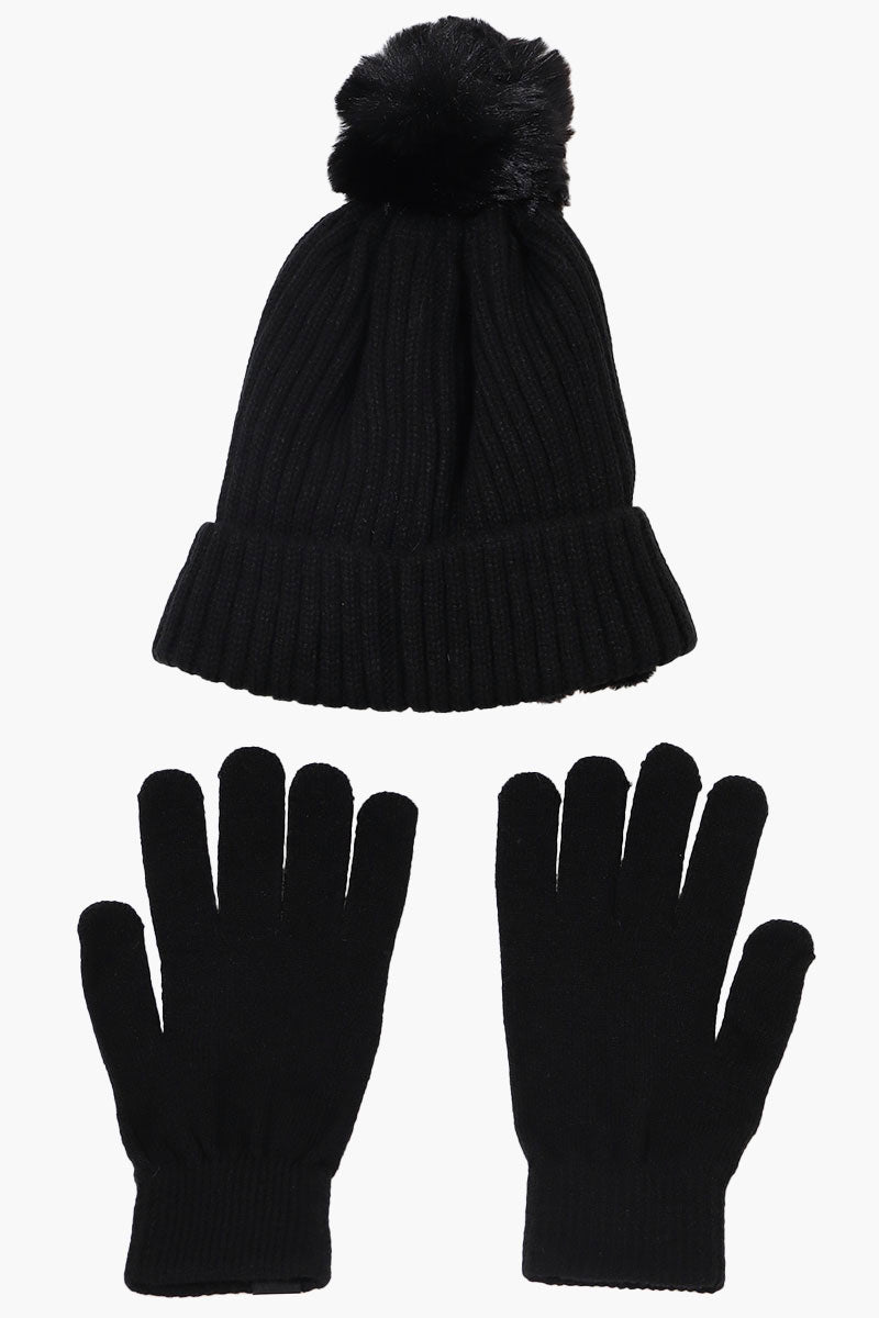 Canada Weather Gear Gloves Pom Pom Hat Set - Black - Womens Hats - Fairweather