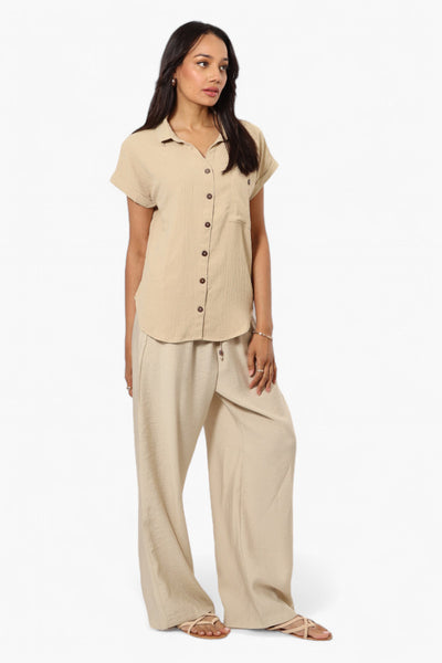 Urbanology Button Up Cap Sleeve Blouse - Beige - Womens Shirts & Blouses - Fairweather