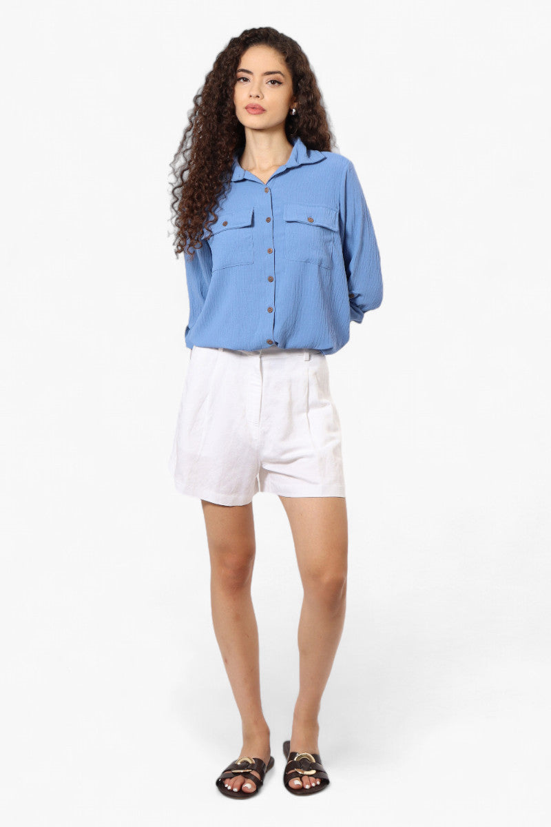 Urbanology Roll Up Sleeve Button Down Shirt - Blue - Womens Shirts & Blouses - Fairweather