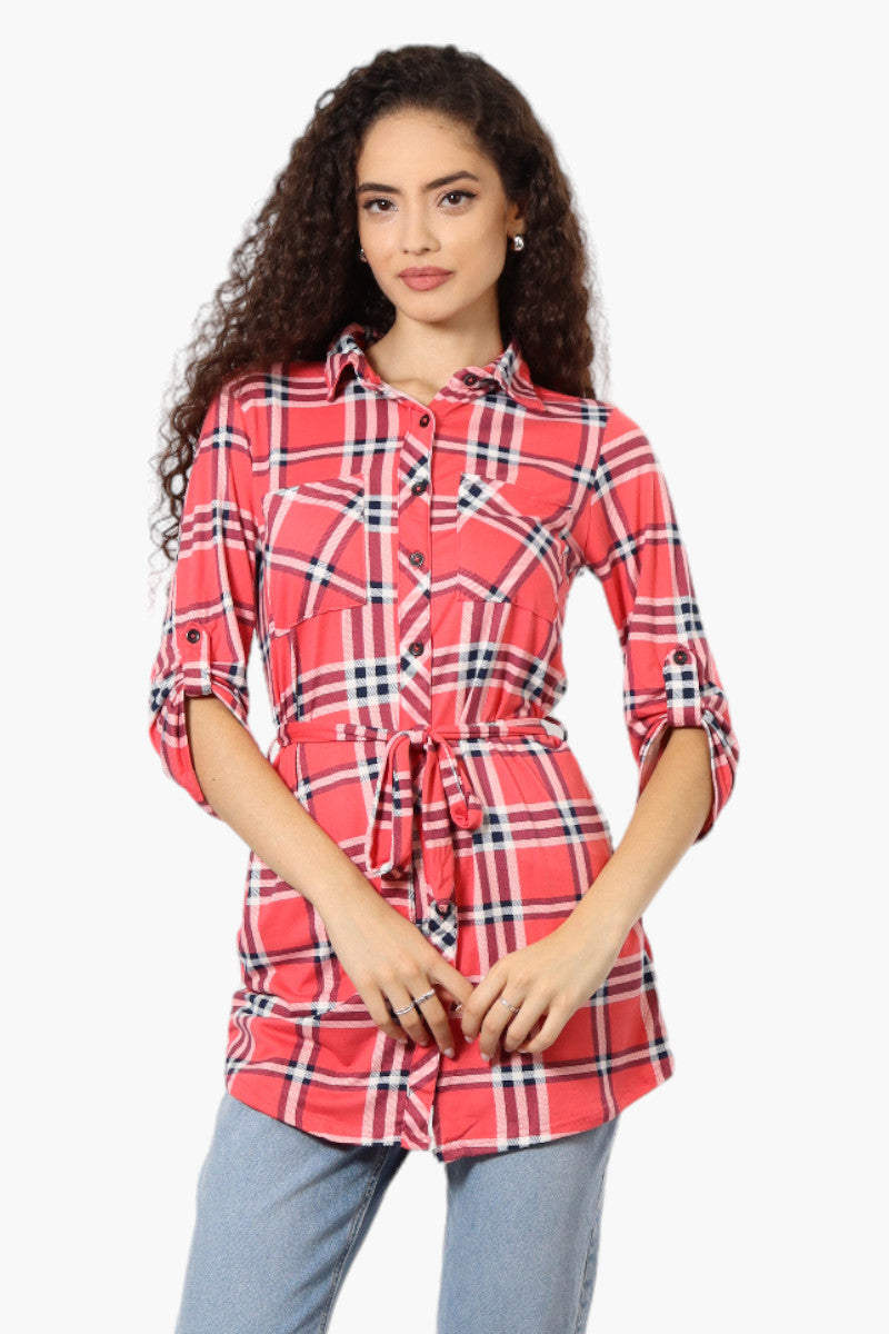 Urbanology Belted Striped Button Down Shirt - Pink - Womens Shirts & Blouses - Fairweather