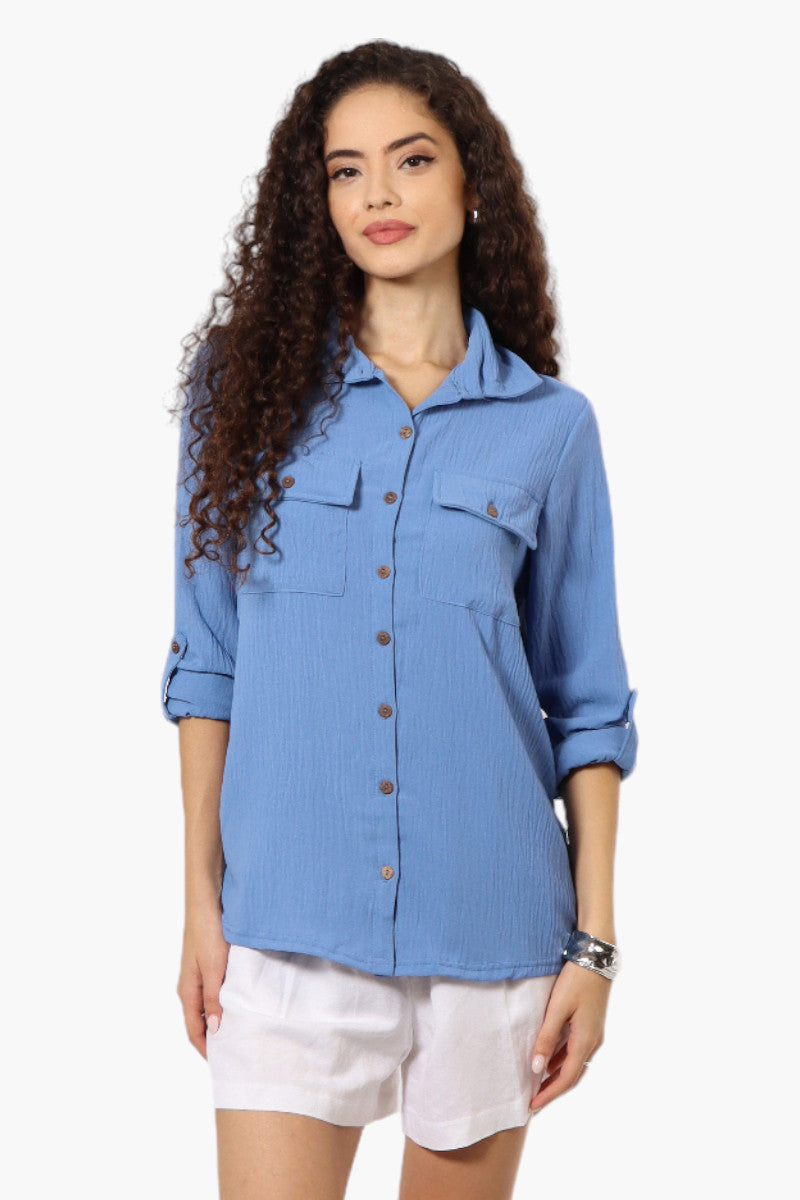 Urbanology Roll Up Sleeve Button Down Shirt - Blue - Womens Shirts & Blouses - Fairweather