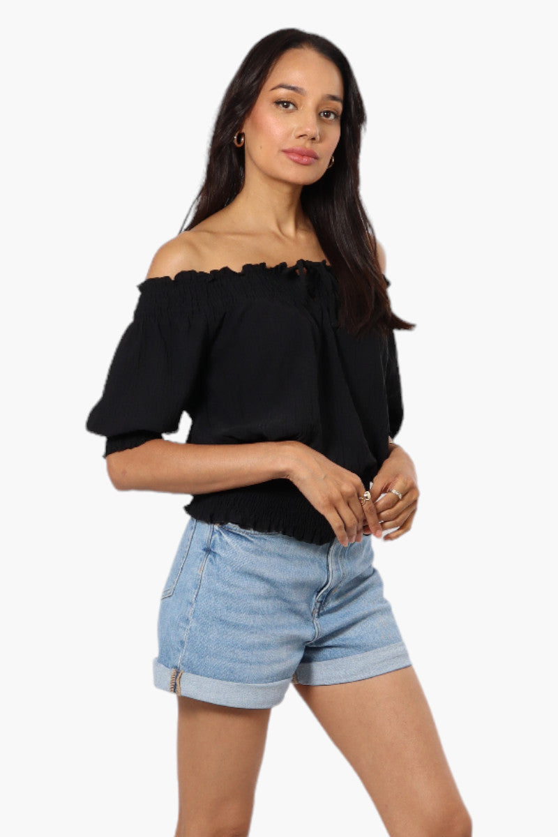 Urbanology Off Shoulder Tie Front Smock Blouse - Black - Womens Shirts & Blouses - Fairweather