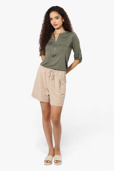 Beechers Brook Solid Half Zip Roll Up Sleeve Shirt - Olive - Womens Shirts & Blouses - Fairweather