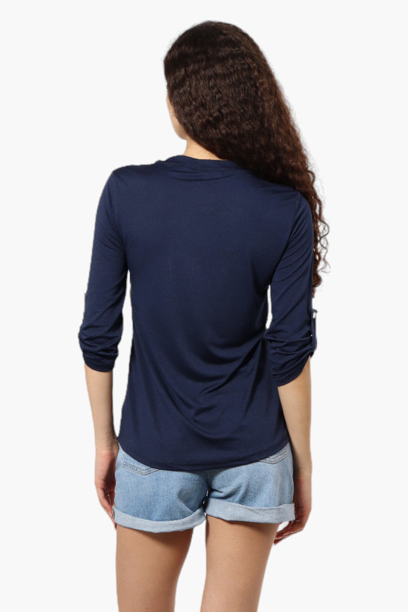 Beechers Brook Solid Half Zip Roll Up Sleeve Shirt - Navy - Womens Shirts & Blouses - Fairweather