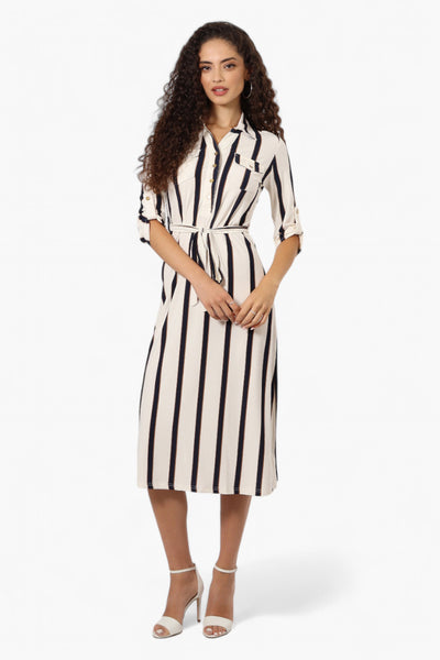 Beechers Brook Belted Striped Roll Up Sleeve Maxi Dress - White - Womens Maxi Dresses - Fairweather