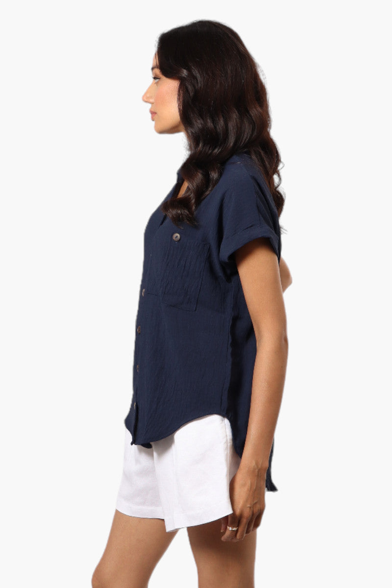 Urbanology Button Up Cap Sleeve Blouse - Navy - Womens Shirts & Blouses - Fairweather