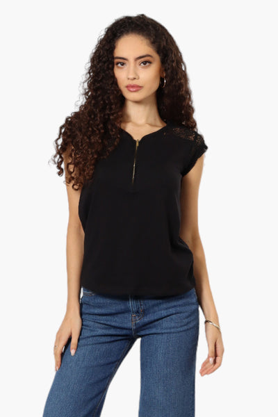 Majora Half Zip Lace Shoulder Tee - Black - Womens Tees & Tank Tops - Fairweather