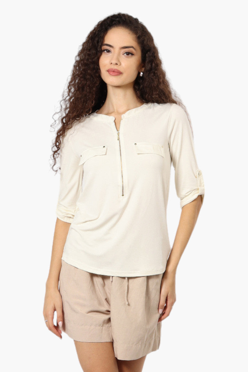 Beechers Brook Solid Half Zip Roll Up Sleeve Shirt - Cream - Womens Shirts & Blouses - Fairweather