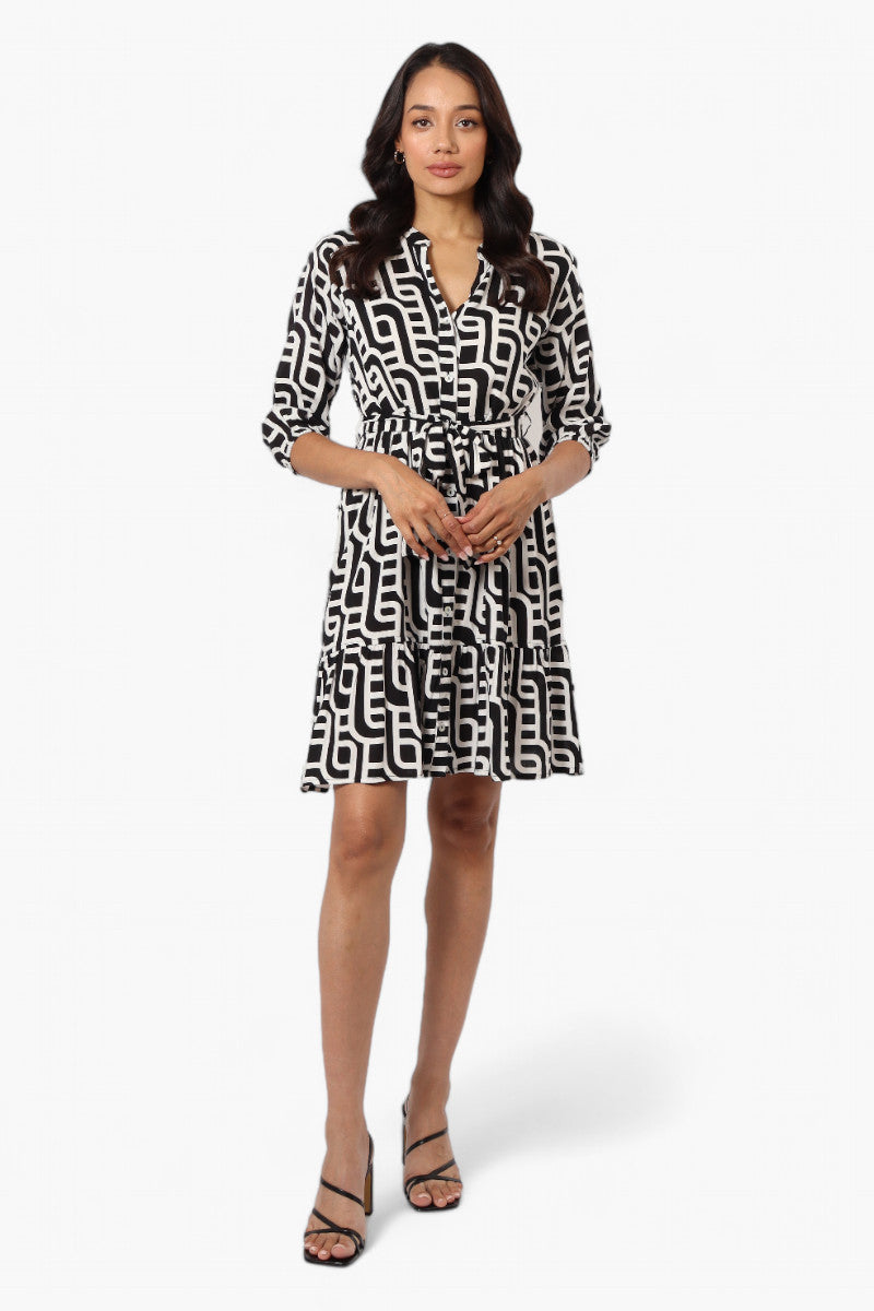 Beechers Brook Belted Patterned Button Down Day Dress - Black - Womens Day Dresses - Fairweather