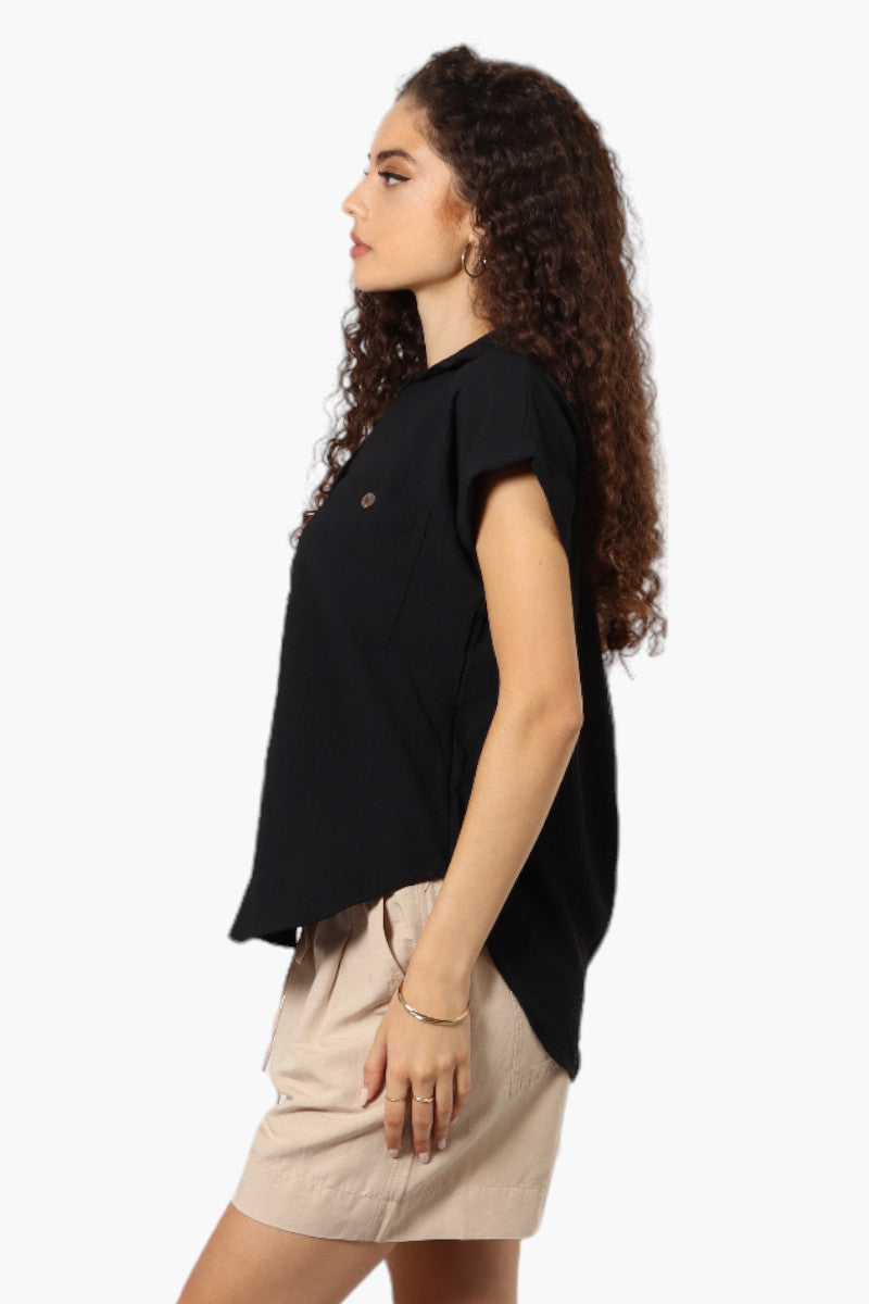 Urbanology Button Up Cap Sleeve Blouse - Black - Womens Shirts & Blouses - Fairweather