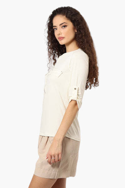 Beechers Brook Solid Half Zip Roll Up Sleeve Shirt - Cream - Womens Shirts & Blouses - Fairweather