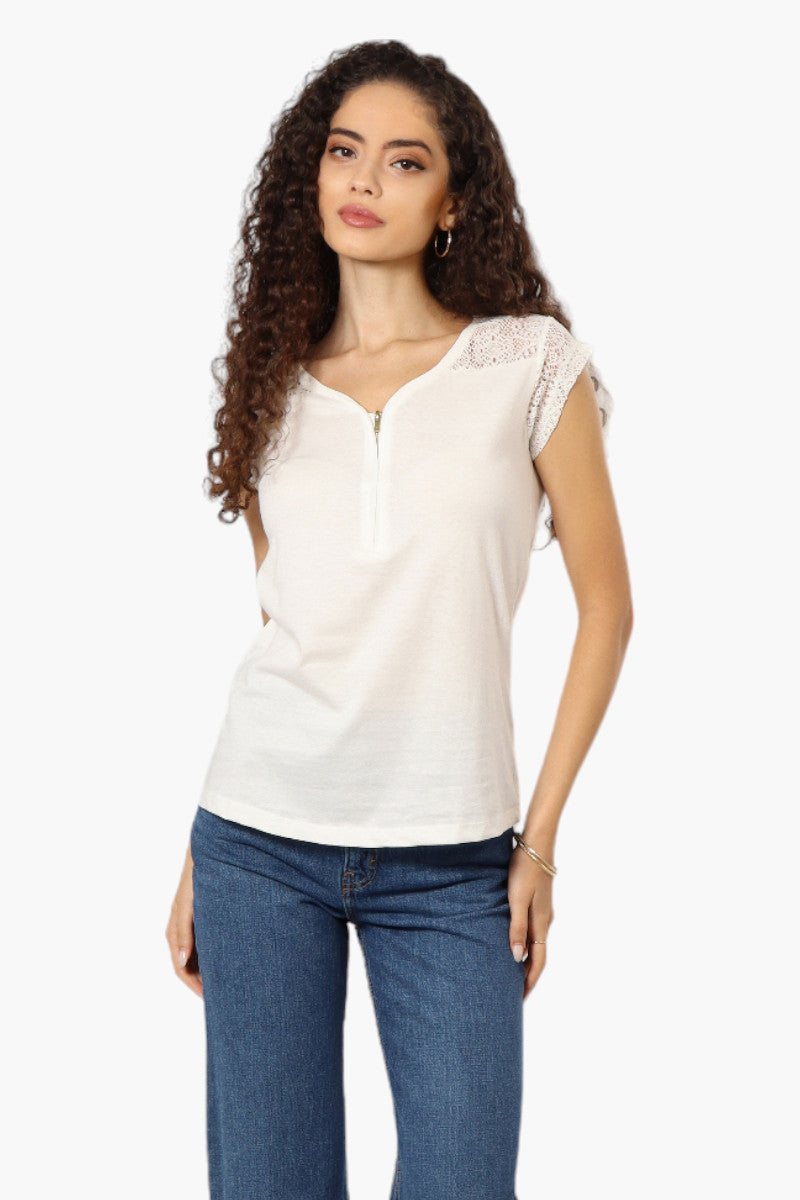 Majora Half Zip Lace Shoulder Tee - White - Womens Tees & Tank Tops - Fairweather