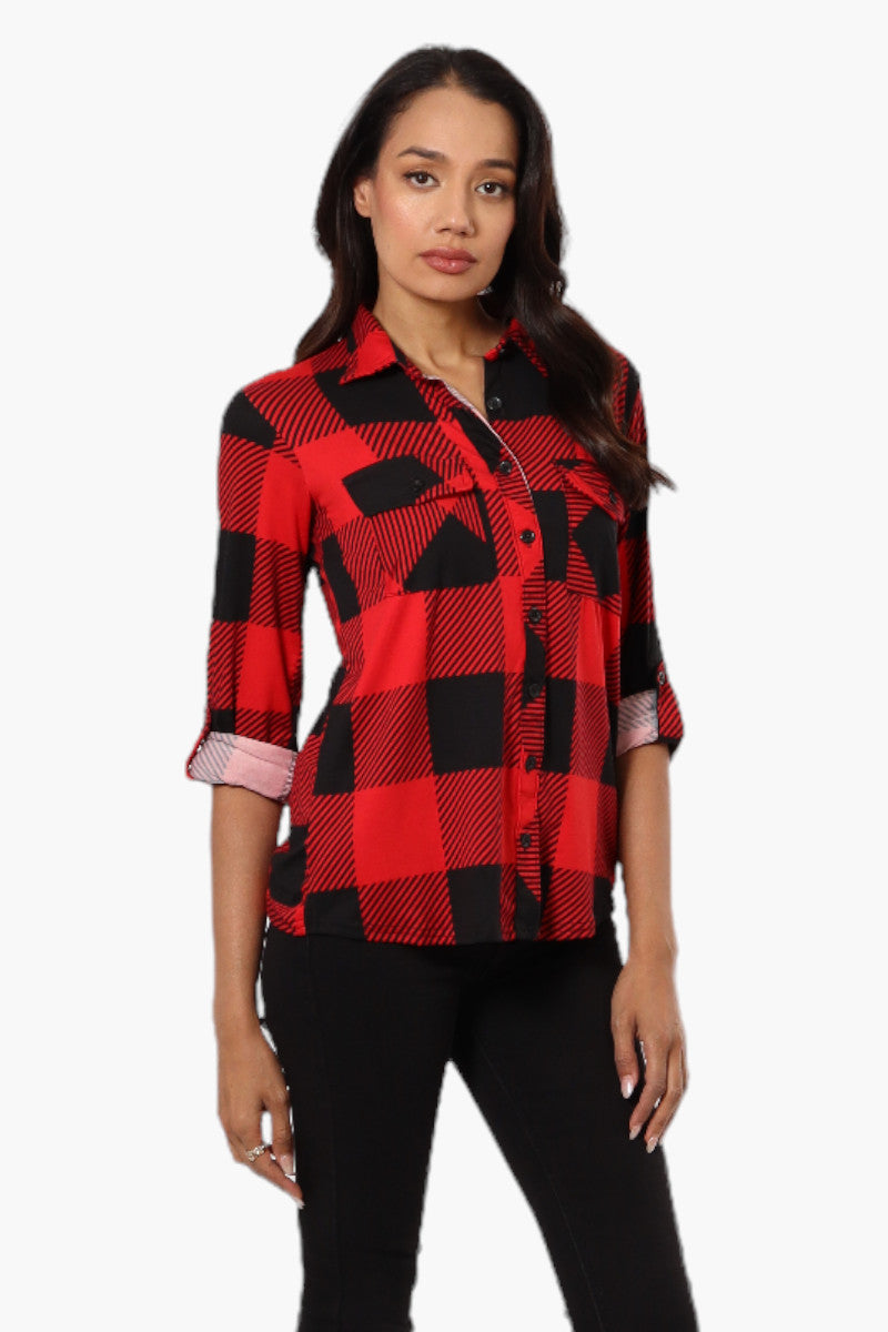 Urbanology Plaid Roll Up Sleeve Button Up Shirt - Red - Womens Shirts & Blouses - Fairweather