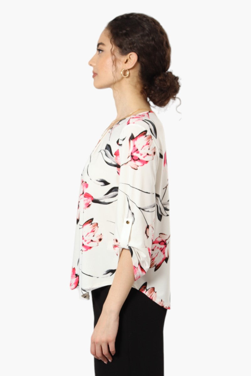 Beechers Brook Floral Roll Up Sleeve Necklace Blouse - White - Womens Shirts & Blouses - Fairweather