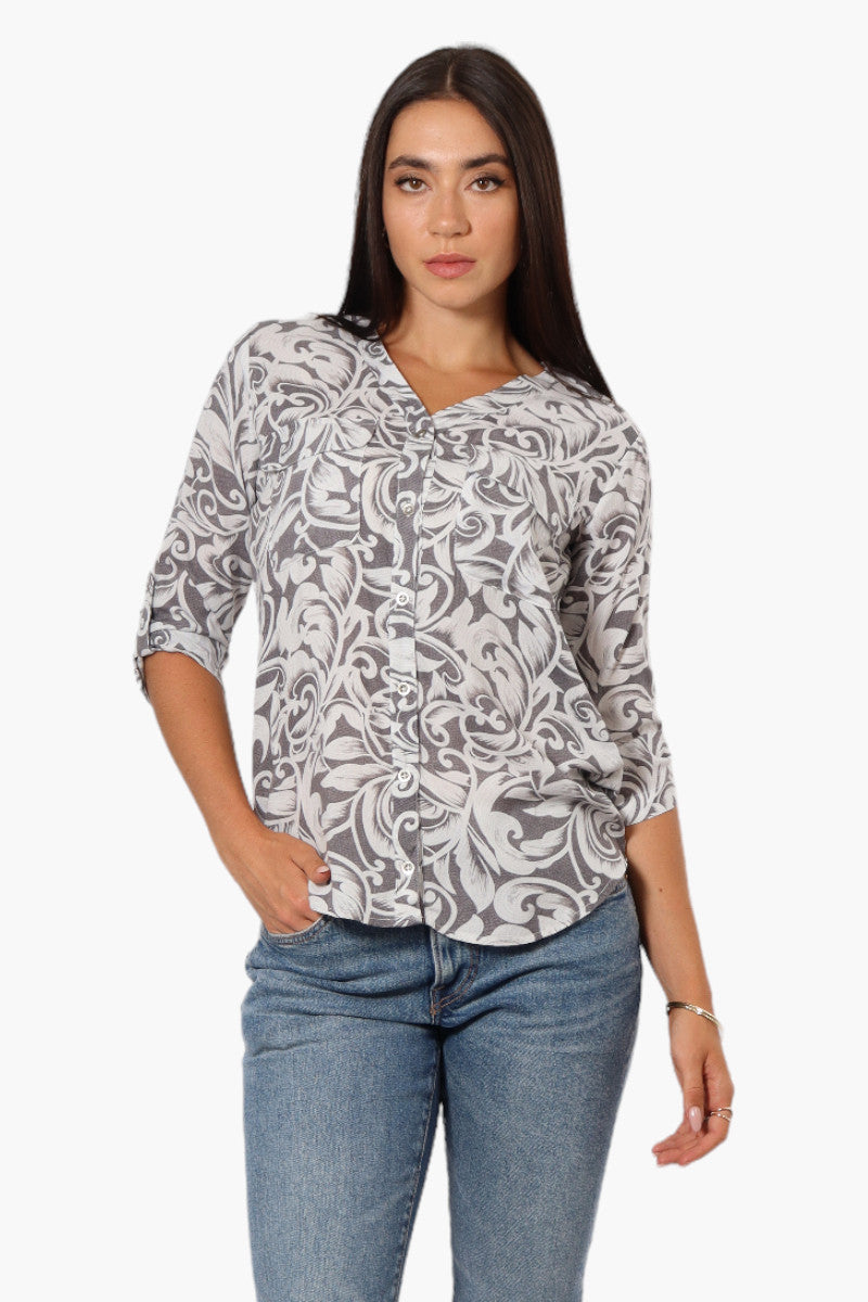 Beechers Brook Patterned Roll Up Sleeve Shirt - Grey - Womens Shirts & Blouses - Fairweather