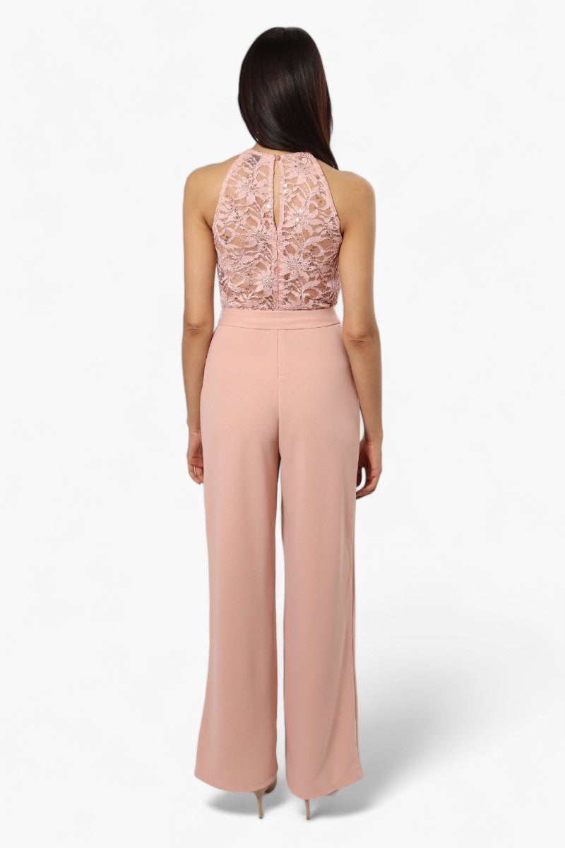 Limite Belted Lace Sequin Jumpsuit - Pink - Womens Jumpsuits & Rompers - Fairweather