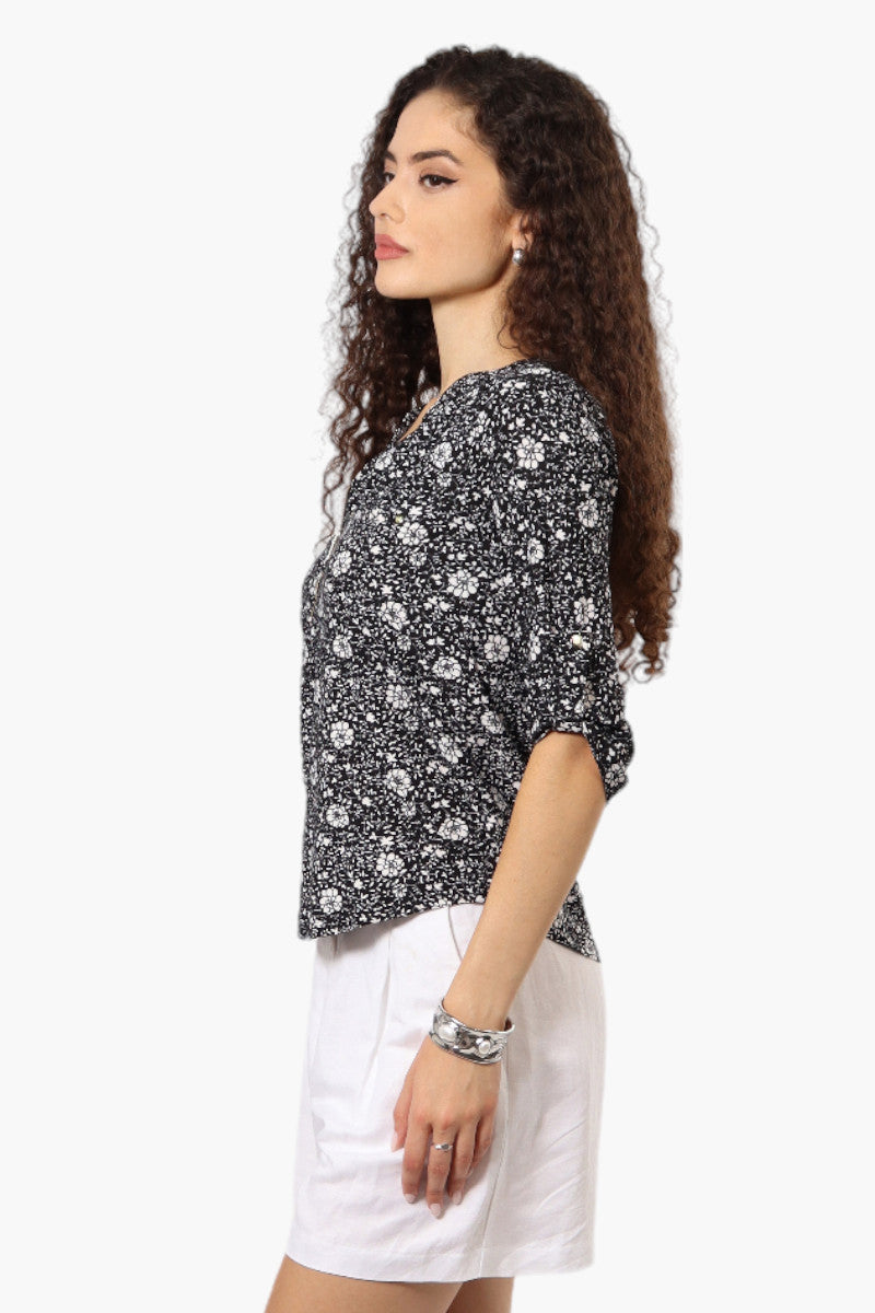 Beechers Brook Floral Half Zip Roll Up Sleeve Shirt - Black - Womens Shirts & Blouses - Fairweather