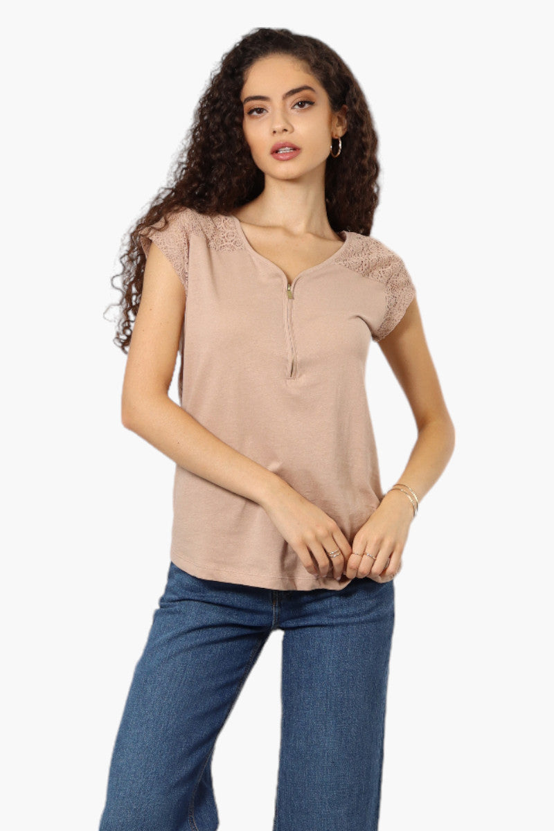 Majora Half Zip Lace Shoulder Tee - Beige - Womens Tees & Tank Tops - Fairweather