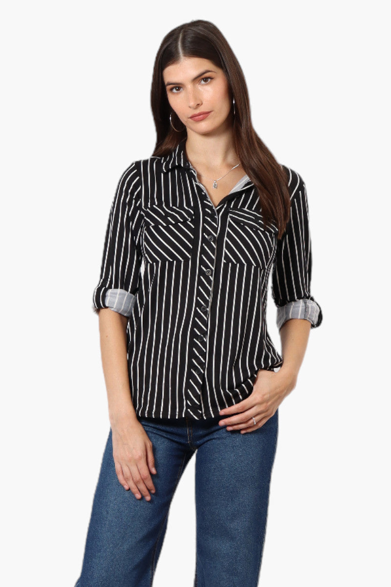 Urbanology Striped Roll Up Sleeve Button Up Shirt - Black - Womens Shirts & Blouses - Fairweather