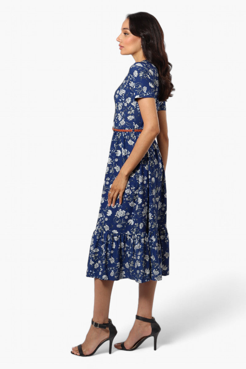 International INC Company Floral Belted Short Sleeve Maxi Dress - Blue - Womens Maxi Dresses - Fairweather