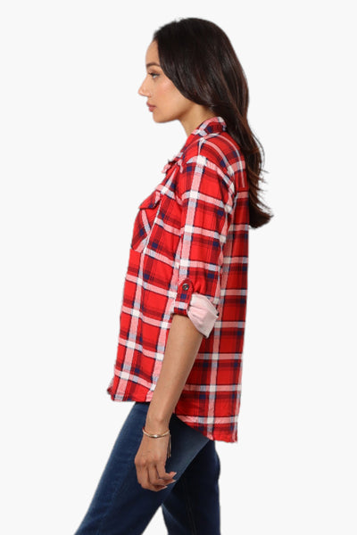 Urbanology Plaid Roll Up Sleeve Button Up Shirt - Red - Womens Shirts & Blouses - Fairweather