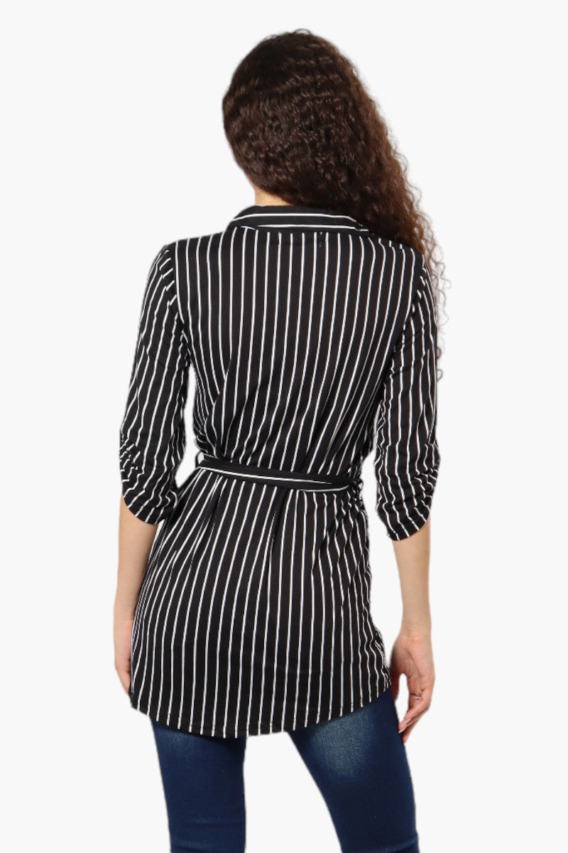 Urbanology Belted Striped Button Down Shirt - Black - Womens Shirts & Blouses - Fairweather