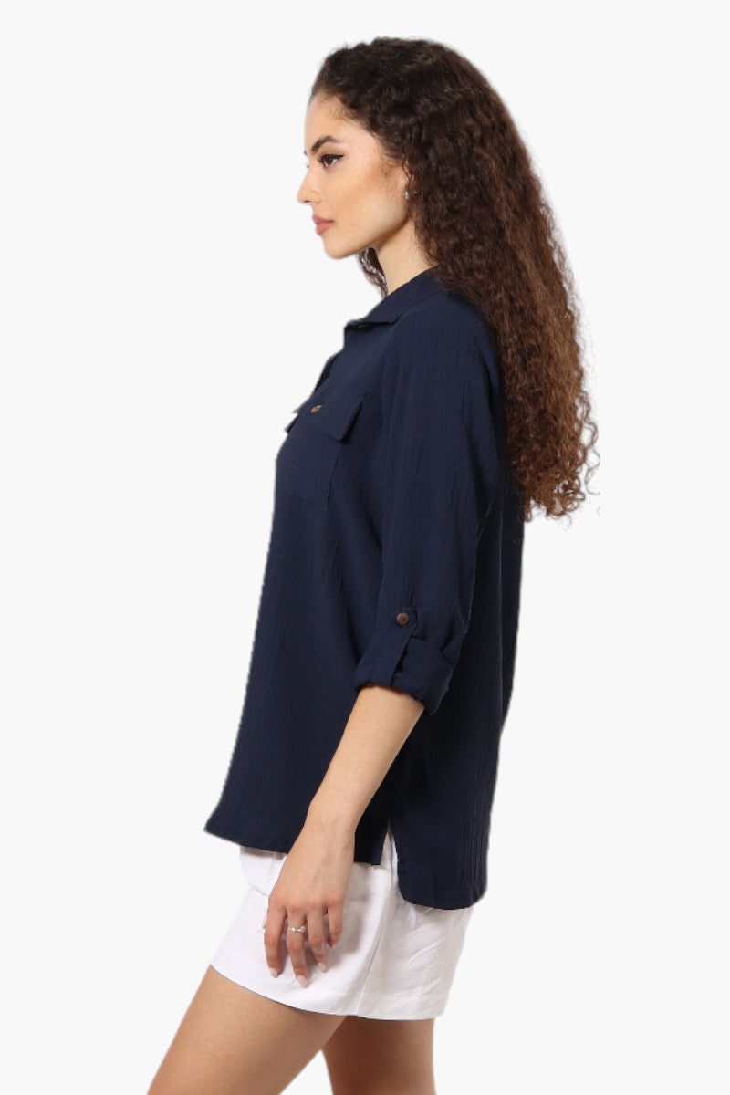 Urbanology Roll Up Sleeve Button Down Shirt - Navy - Womens Shirts & Blouses - Fairweather