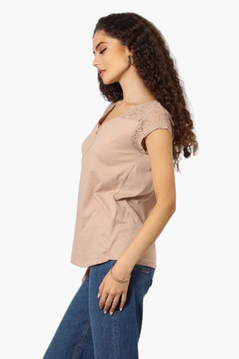 Majora Half Zip Lace Shoulder Tee - Beige - Womens Tees & Tank Tops - Fairweather