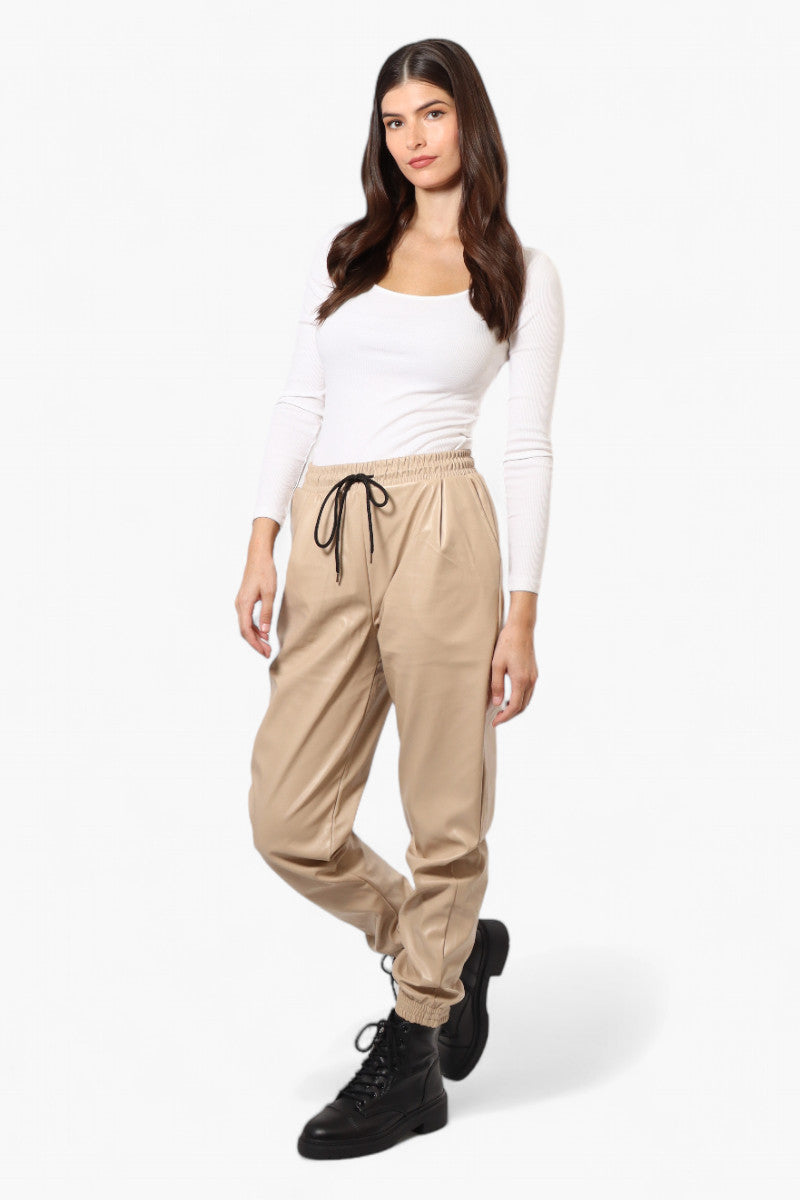 Limite Tie Waist Vegan Leather Jogger Pants - Beige - Womens Pants - Fairweather