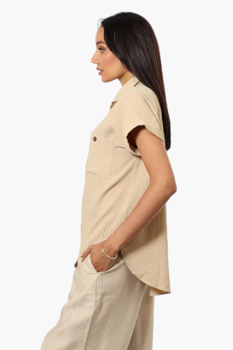 Urbanology Button Up Cap Sleeve Blouse - Beige - Womens Shirts & Blouses - Fairweather