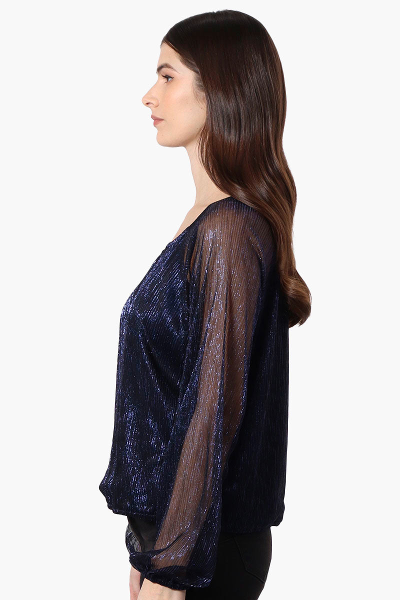 Limite Sheer Sleeve Lurex Keyhole Blouse - Navy - Womens Shirts & Blouses - Fairweather