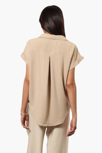 Urbanology Button Up Cap Sleeve Blouse - Beige - Womens Shirts & Blouses - Fairweather