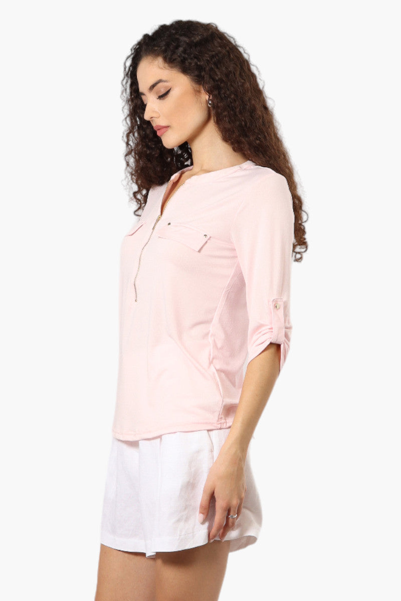 Beechers Brook Solid Half Zip Roll Up Sleeve Shirt - Pink - Womens Shirts & Blouses - Fairweather