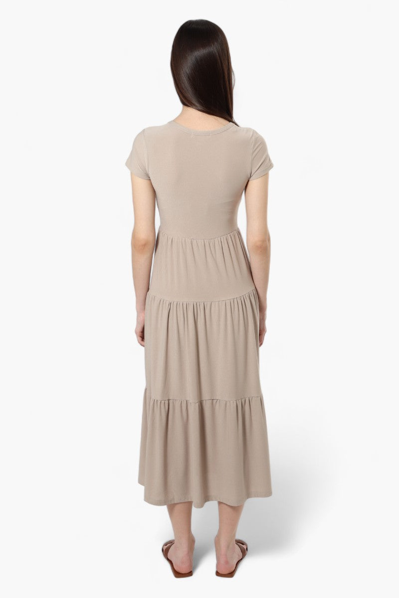 Majora Solid Cap Sleeve Tiered Maxi Dress - Taupe - Womens Maxi Dresses - Fairweather