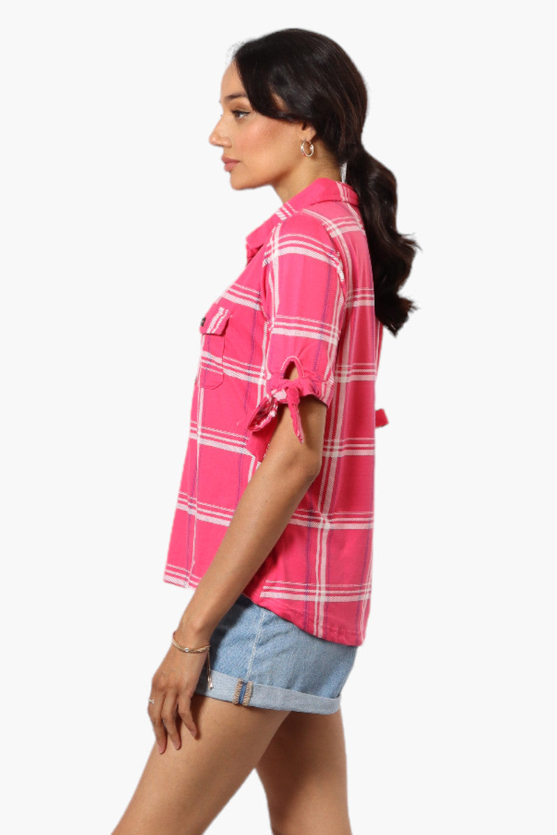 Urbanology Plaid Tie Sleeve Shirt - Pink - Womens Shirts & Blouses - Fairweather