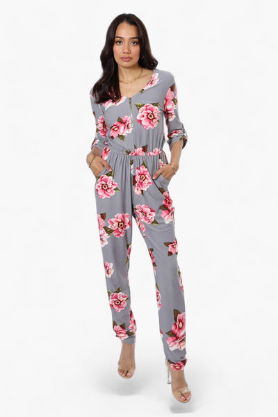 International INC Company Floral Roll Up Sleeve Jumpsuit - Grey - Womens Jumpsuits & Rompers - Fairweather