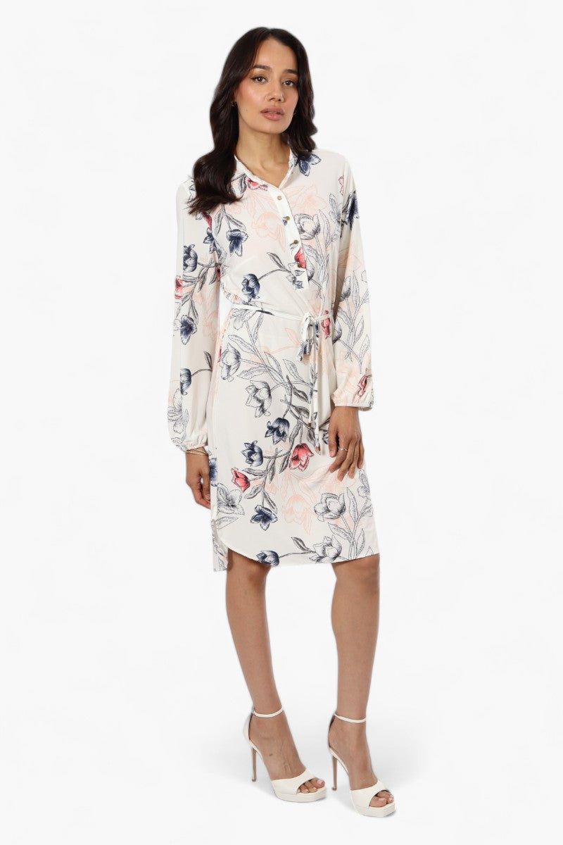 Beechers Brook Floral Long Sleeve Henley Day Dress - White - Womens Day Dresses - Fairweather