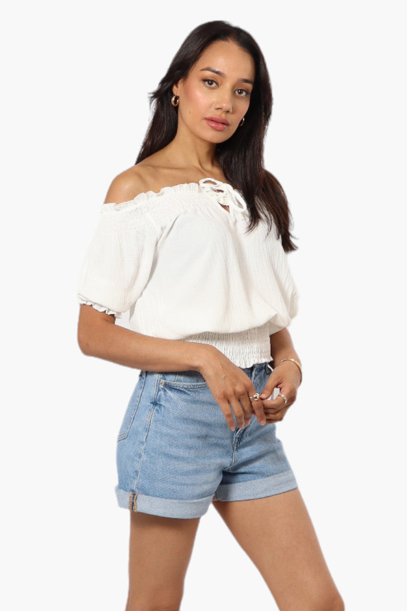 Urbanology Off Shoulder Tie Front Smock Blouse - White - Womens Shirts & Blouses - Fairweather