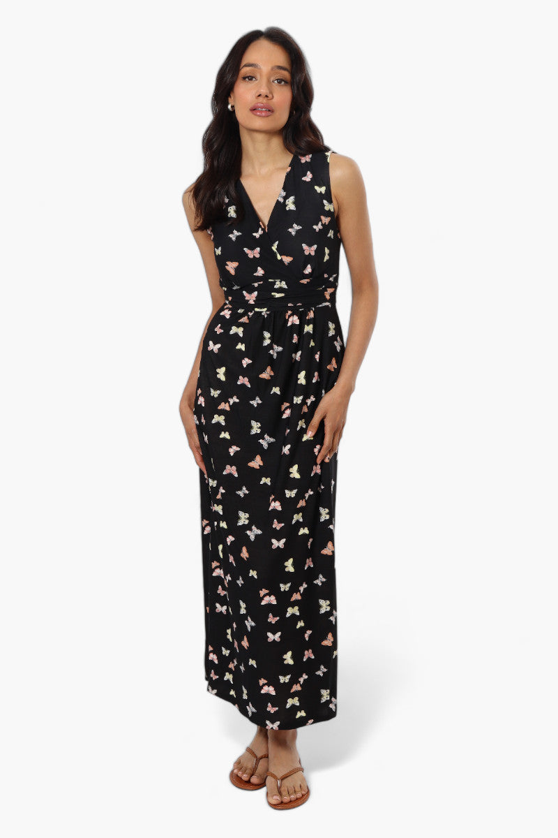 Beechers Brook Butterfly Pattern Belted Crossover Maxi Dress - Black - Womens Maxi Dresses - Fairweather