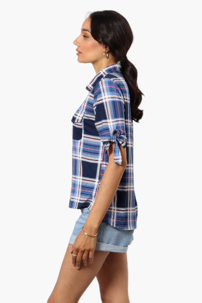 Urbanology Plaid Tie Sleeve Shirt - Blue - Womens Shirts & Blouses - Fairweather