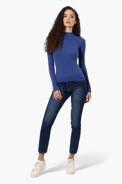 Magazine Ribbed Mock Neck Long Sleeve Top - Blue - Womens Long Sleeve Tops - Fairweather