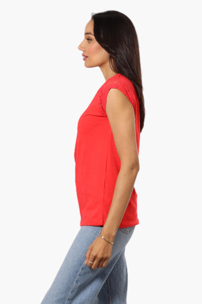 Majora Half Zip Lace Shoulder Tee - Red - Womens Tees & Tank Tops - Fairweather