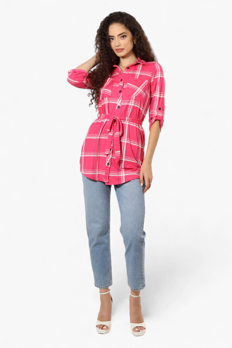 Urbanology Belted Striped Button Down Shirt - Pink - Womens Shirts & Blouses - Fairweather