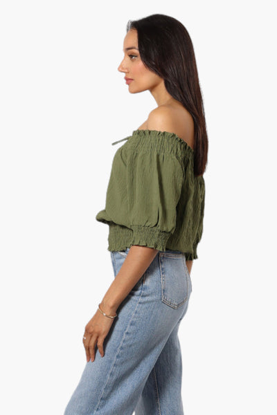 Urbanology Off Shoulder Tie Front Smock Blouse - Olive - Womens Shirts & Blouses - Fairweather