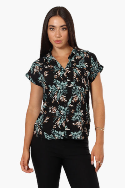 Majora Leaf Pattern Button Up Shirt - Black - Womens Shirts & Blouses - Fairweather