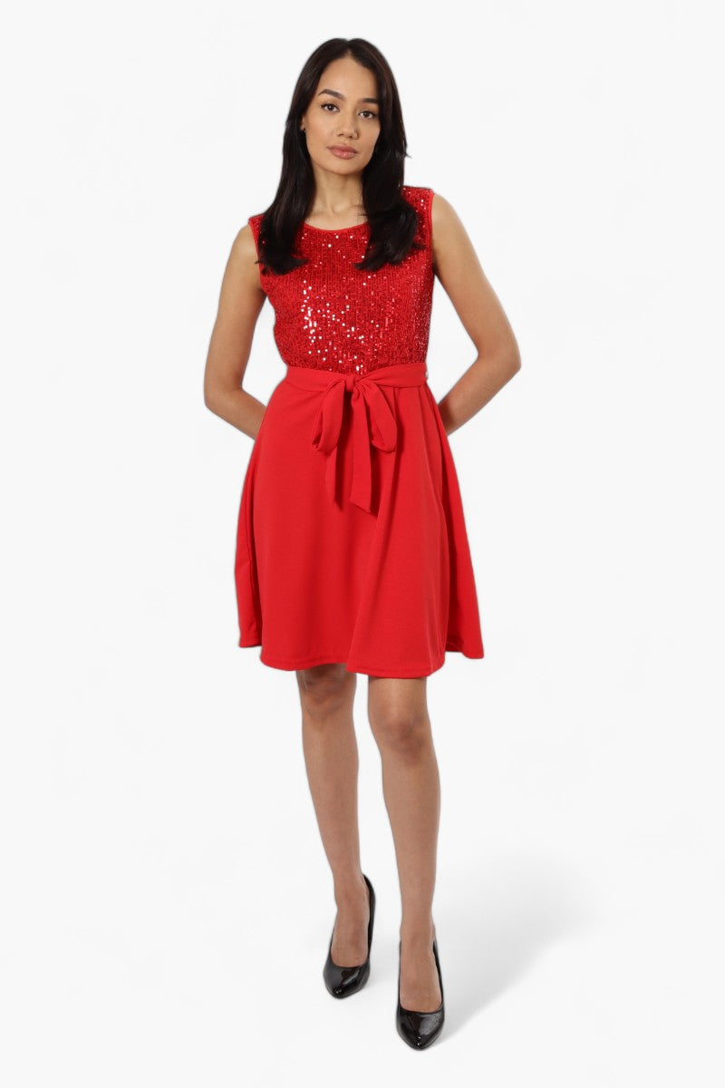 Limite Belted Sequin Top Skater Day Dress - Red - Womens Day Dresses - Fairweather