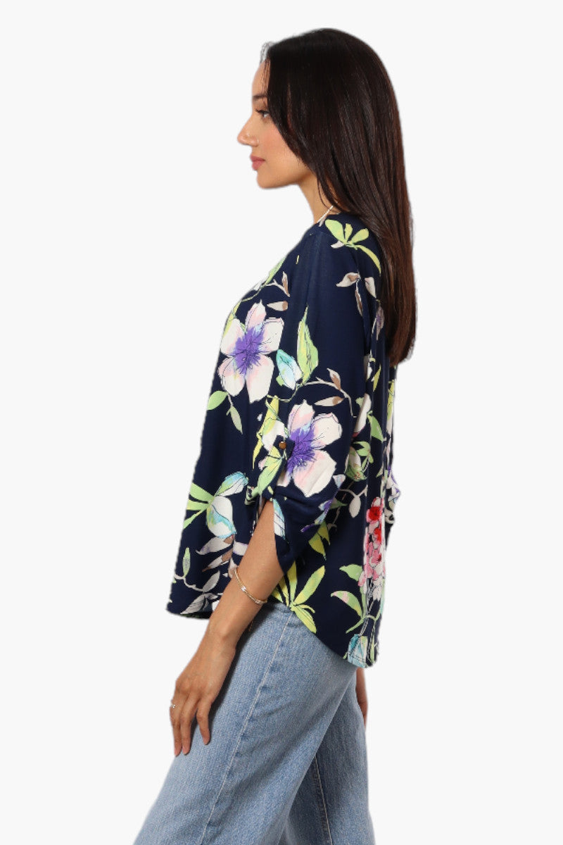 Beechers Brook Floral Roll Up Sleeve Necklace Blouse - Navy - Womens Shirts & Blouses - Fairweather