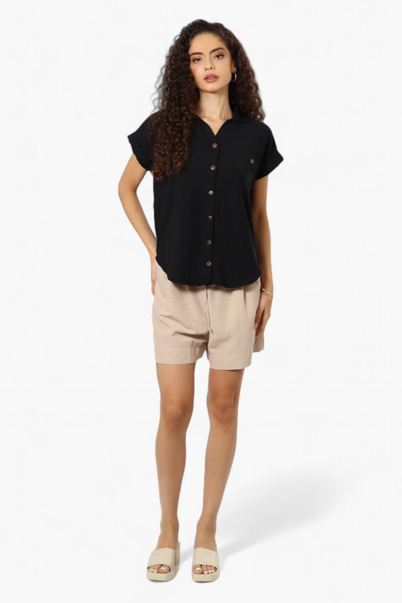 Urbanology Button Up Cap Sleeve Blouse - Black - Womens Shirts & Blouses - Fairweather