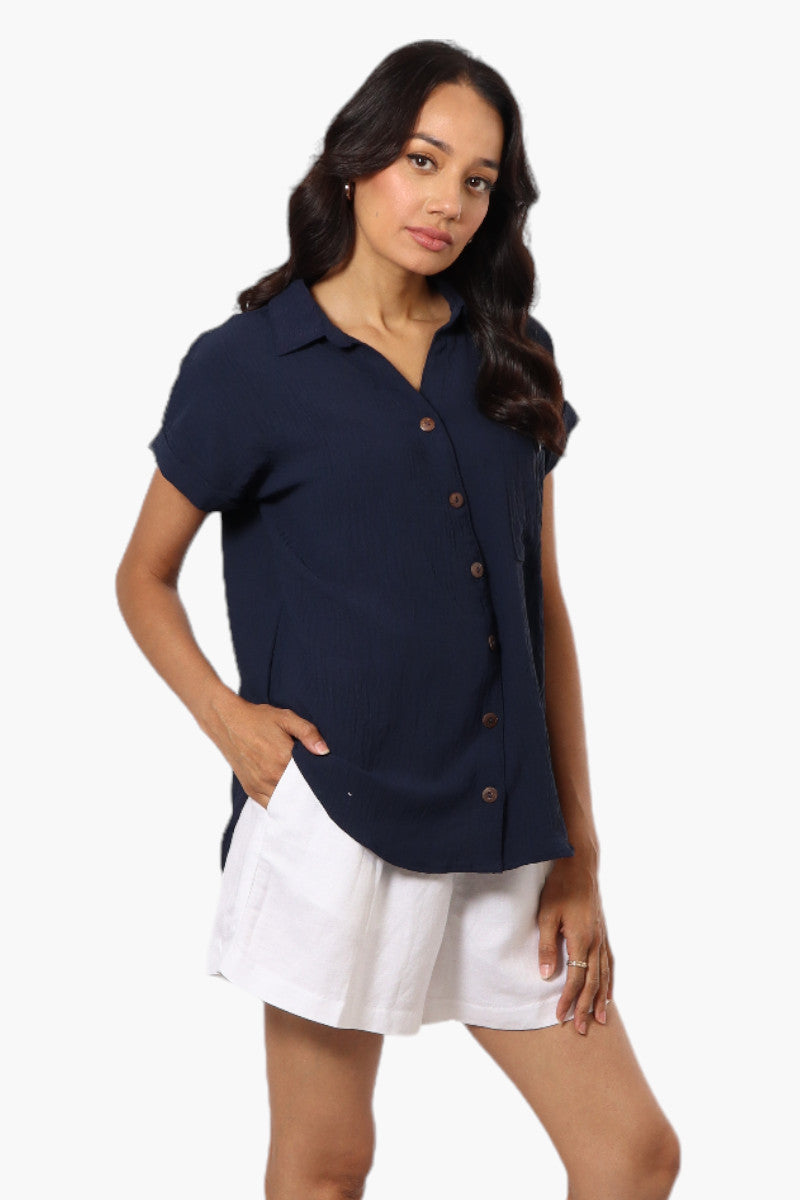 Urbanology Button Up Cap Sleeve Blouse - Navy - Womens Shirts & Blouses - Fairweather